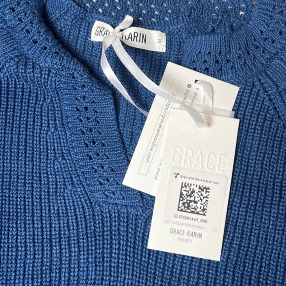 Grace Karin Blue Knit Split-Neck Pullover Sweater Women's M NWT - Picture 4 of 6